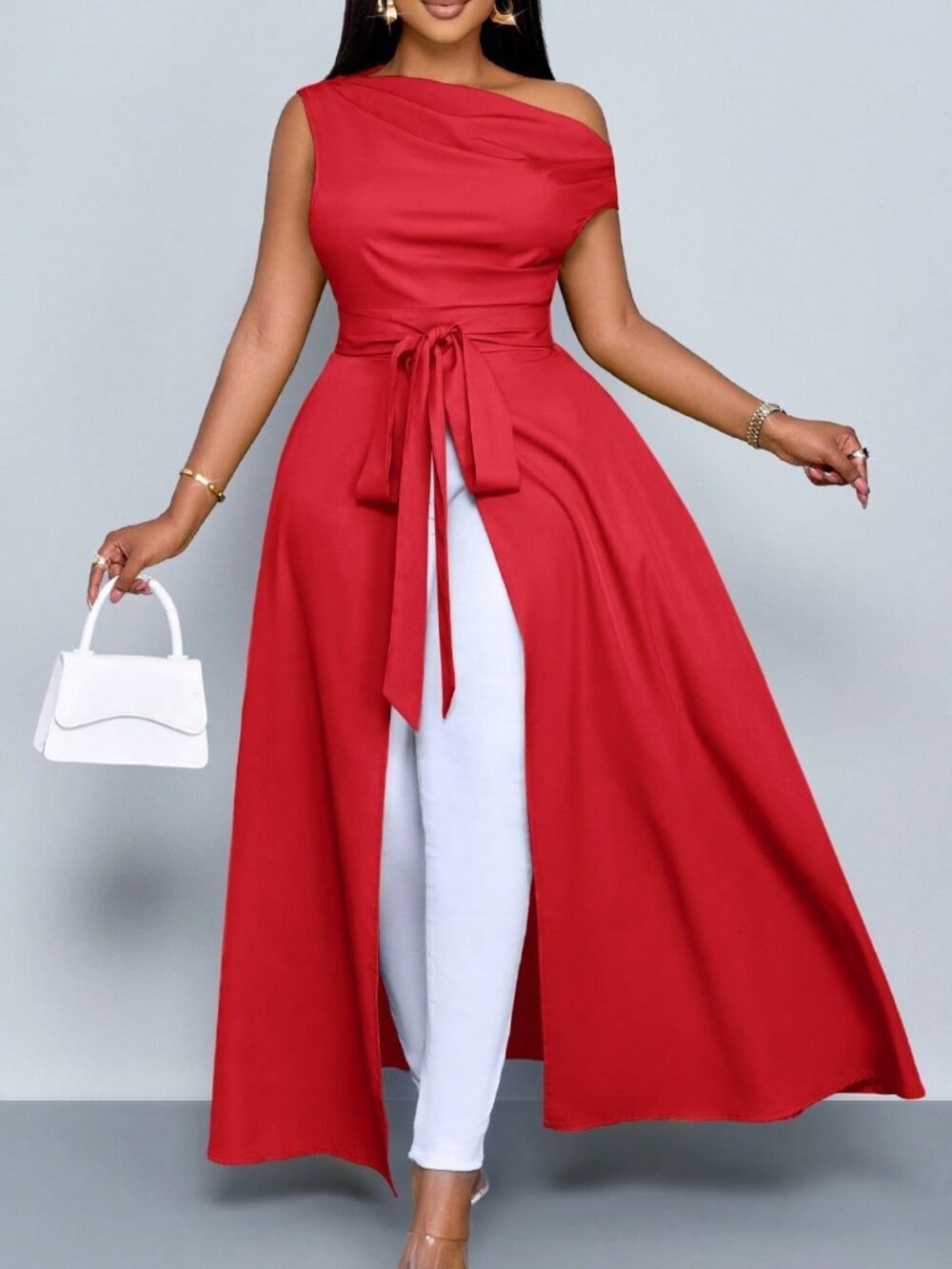 Red Elegant Women's Asymmetrical Zip-Plus Size Flared Long Batwing Top